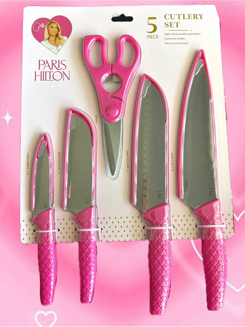 New Paris Hilton Hot Pink 5-Piece Kitchen Knife and Shears Set